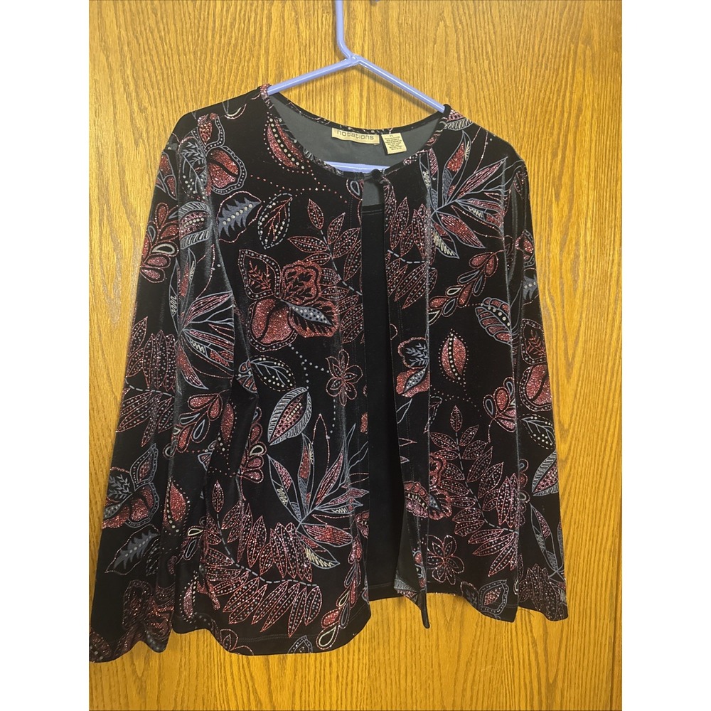 Vintage Notations XL Black Floral Glitter Velvet Blouse‎ Jacket Top Women's Y2K